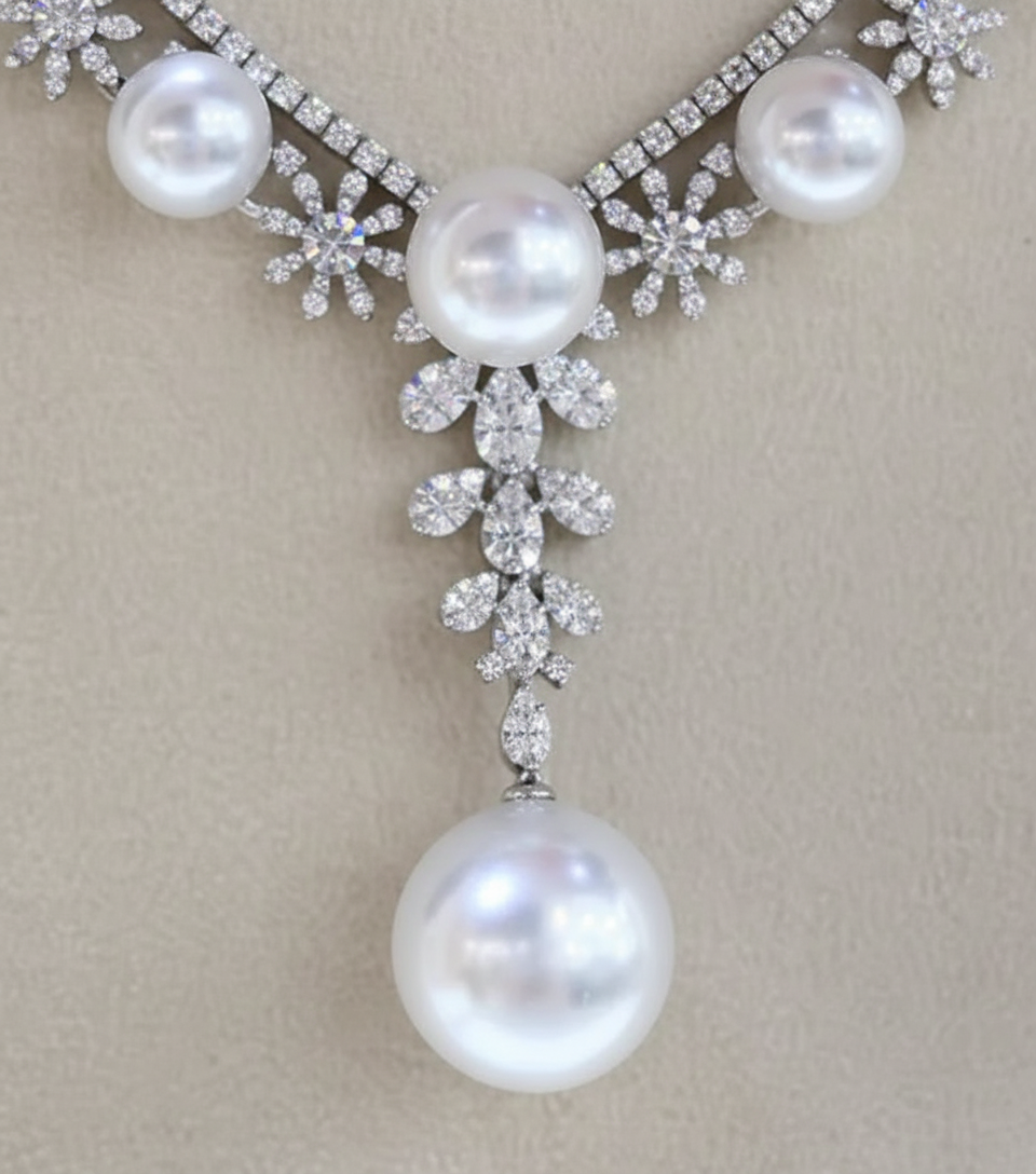 Close-up detail of crystal cluster and pearl