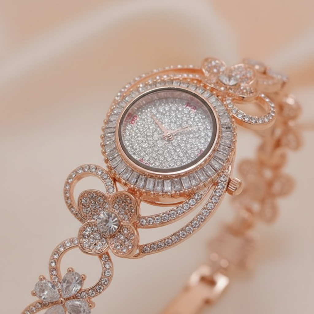 Rose Gold Crystal Watch Bracelet Detail