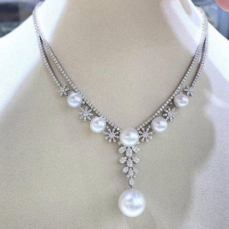 ELEGANT SILVER BRIDAL NECKLACE WITH PEARL DROP PENDANT