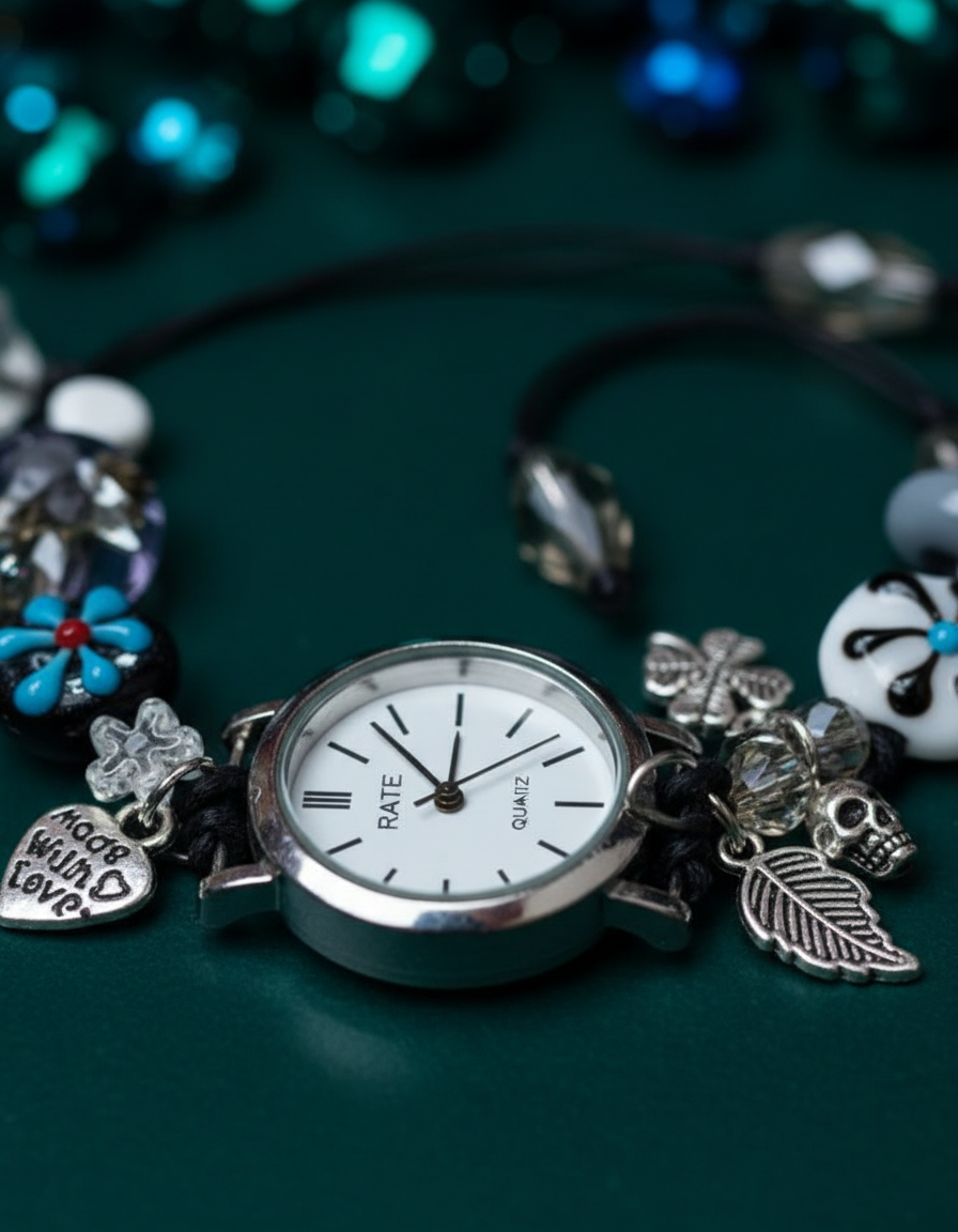 Black Charm Watch Bracelet Detail