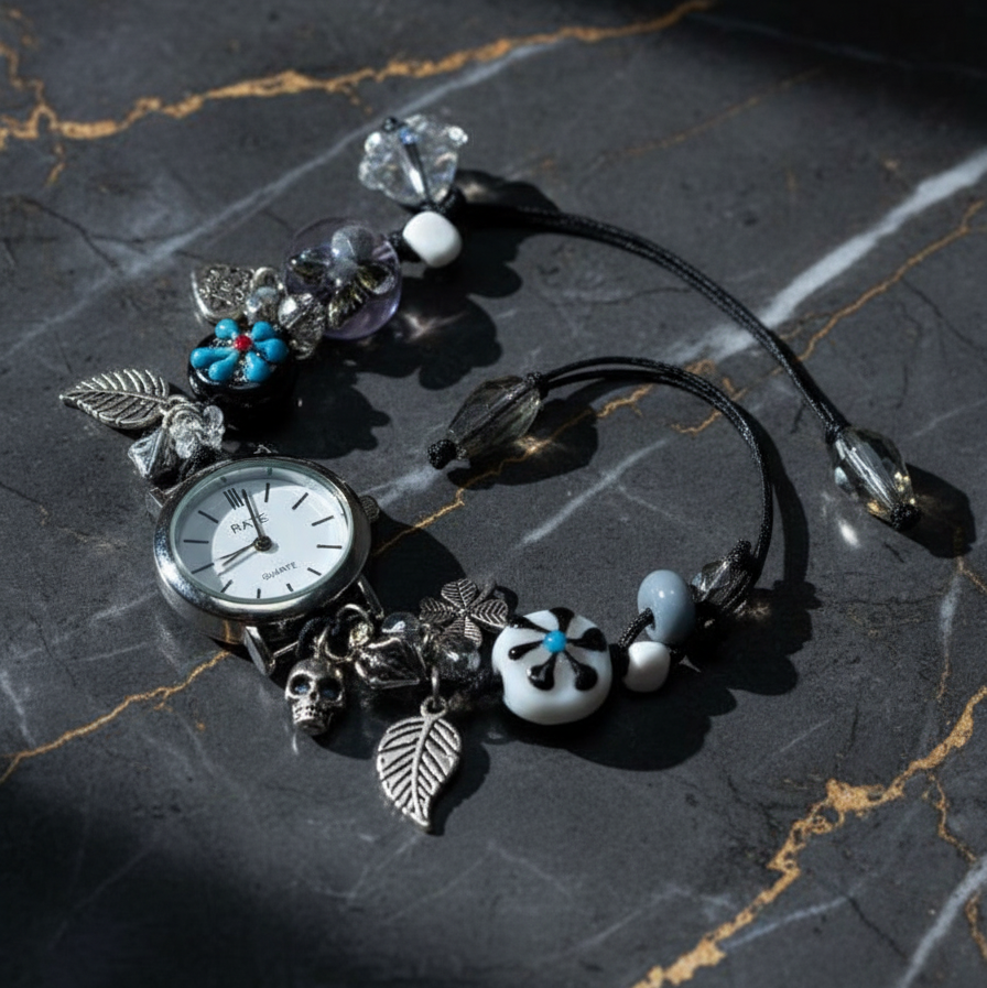 Black Charm Watch Bracelet on Marble
