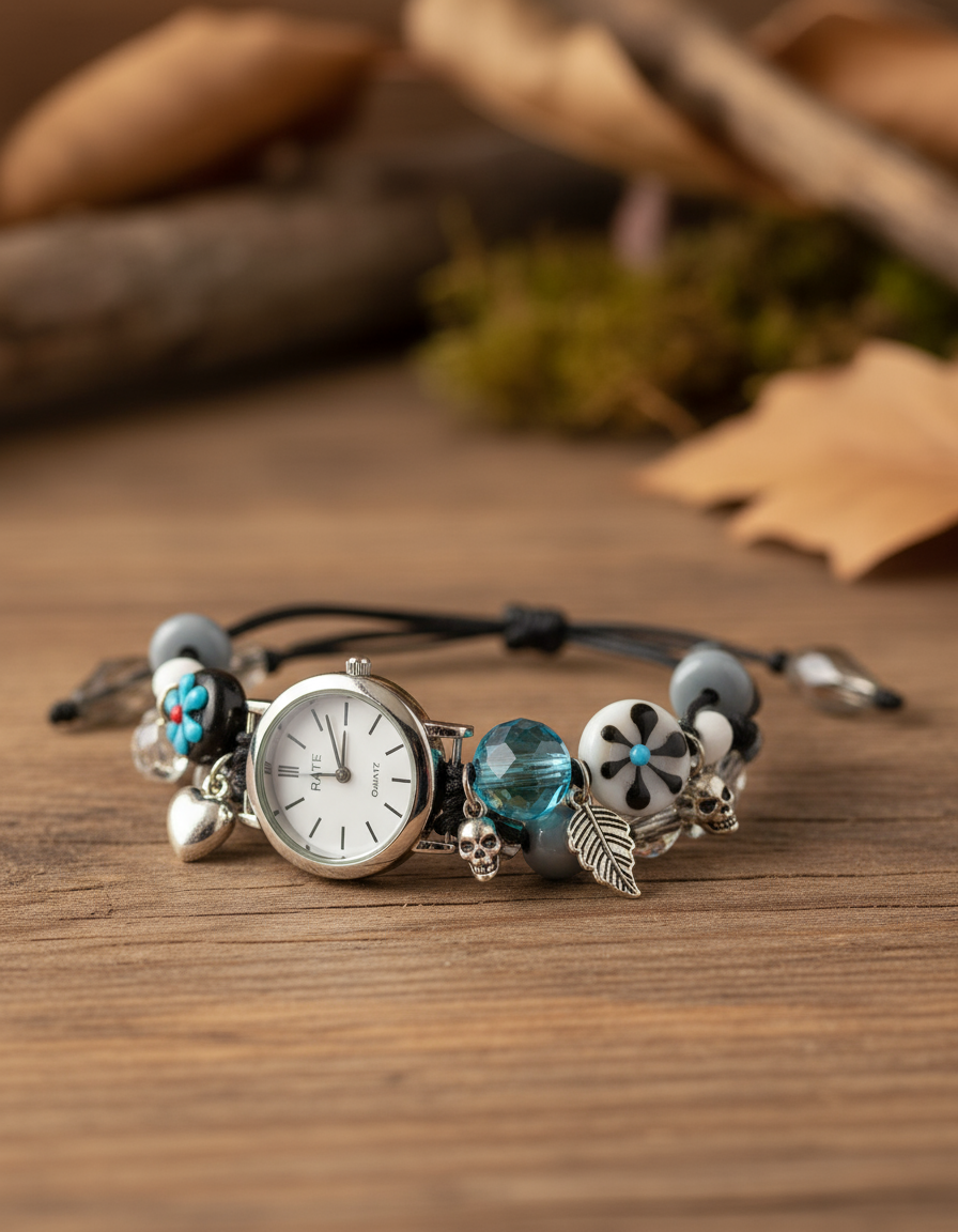 Black Charm Watch Bracelet on Wood