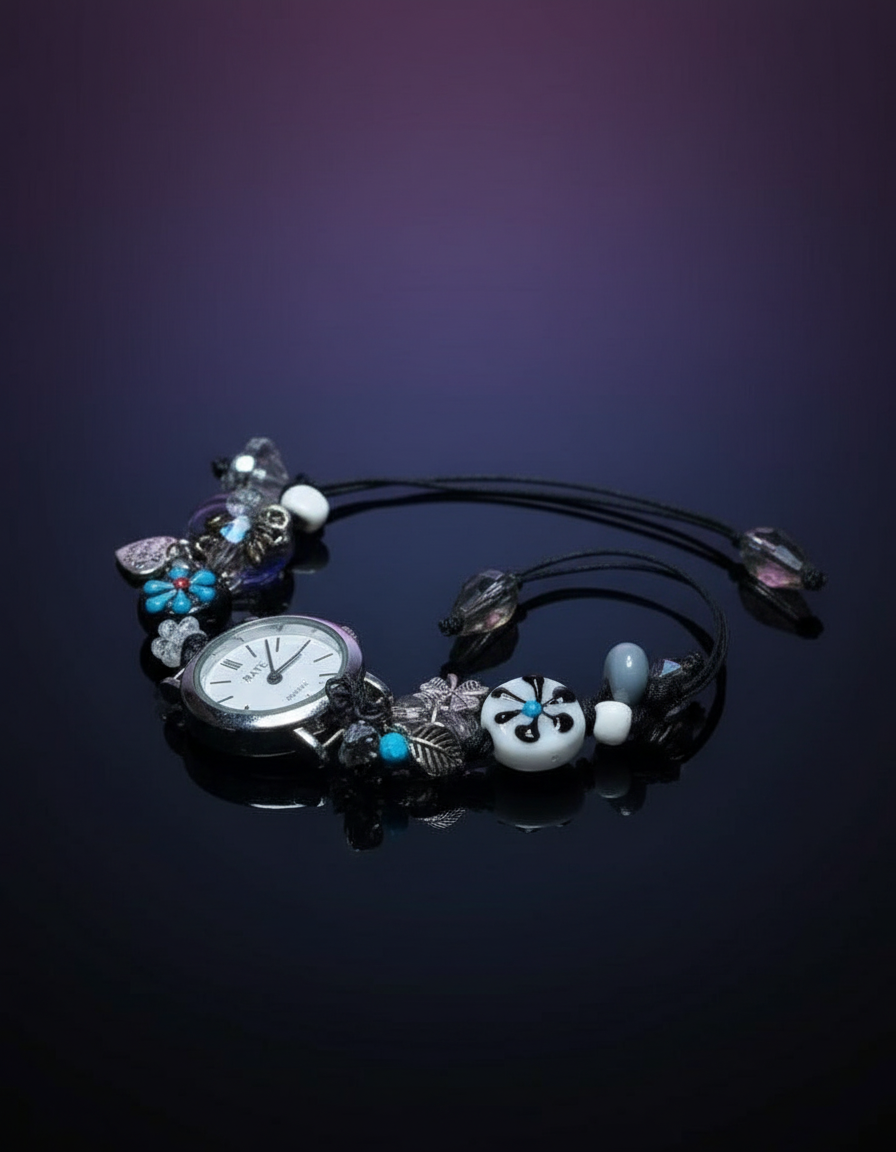 Black Charm Watch Bracelet with Reflection