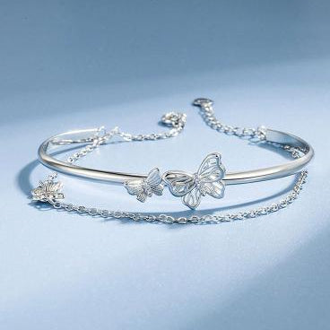 SILVER BUTTERFLY BRACELET - DOUBLE LAYER CRYSTAL CHAIN