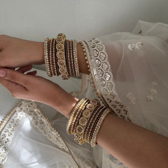 GOLD AND MAROON STONE-STUDDED BRIDAL BANGLES SET