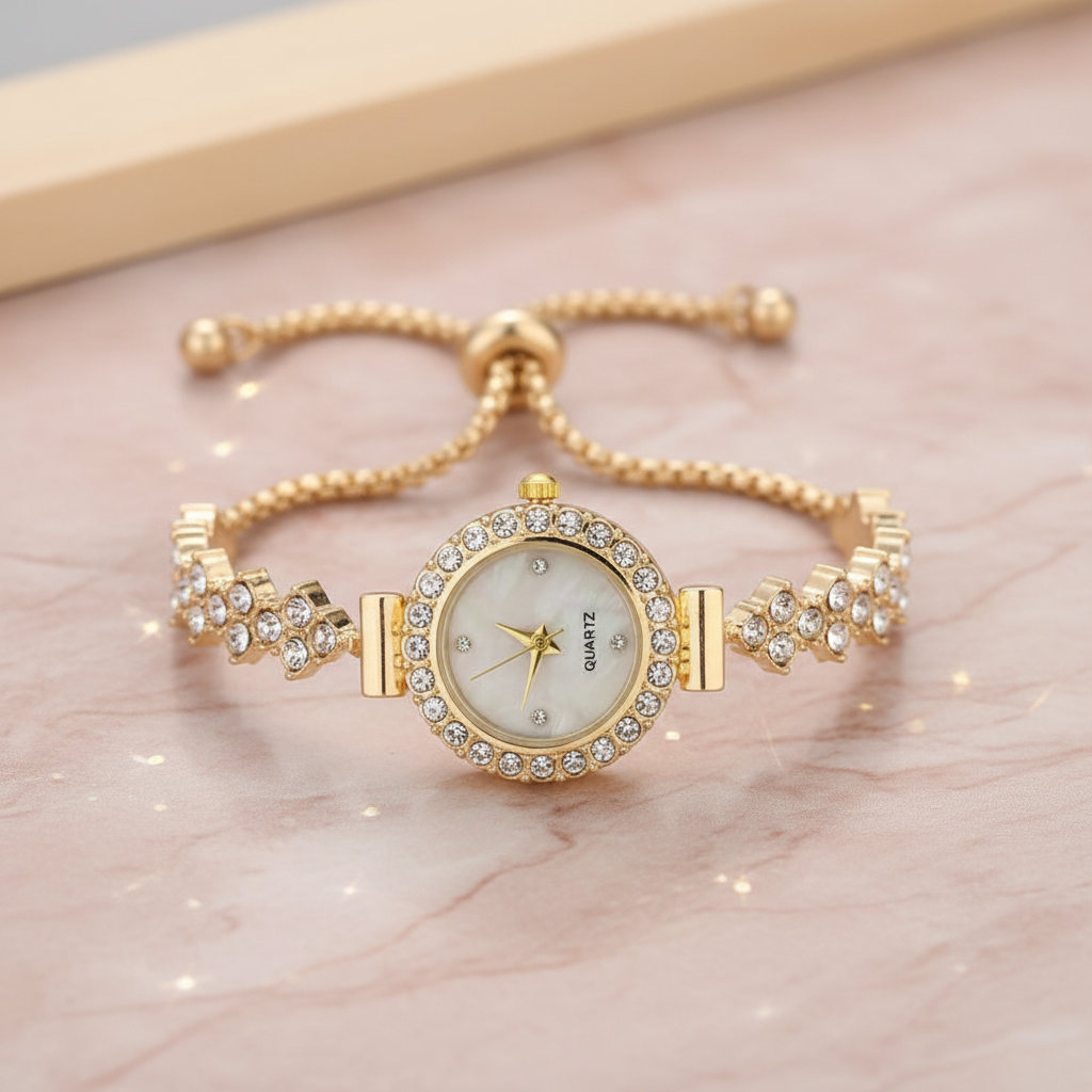 Golden Crystal Watch Bracelet on Marble