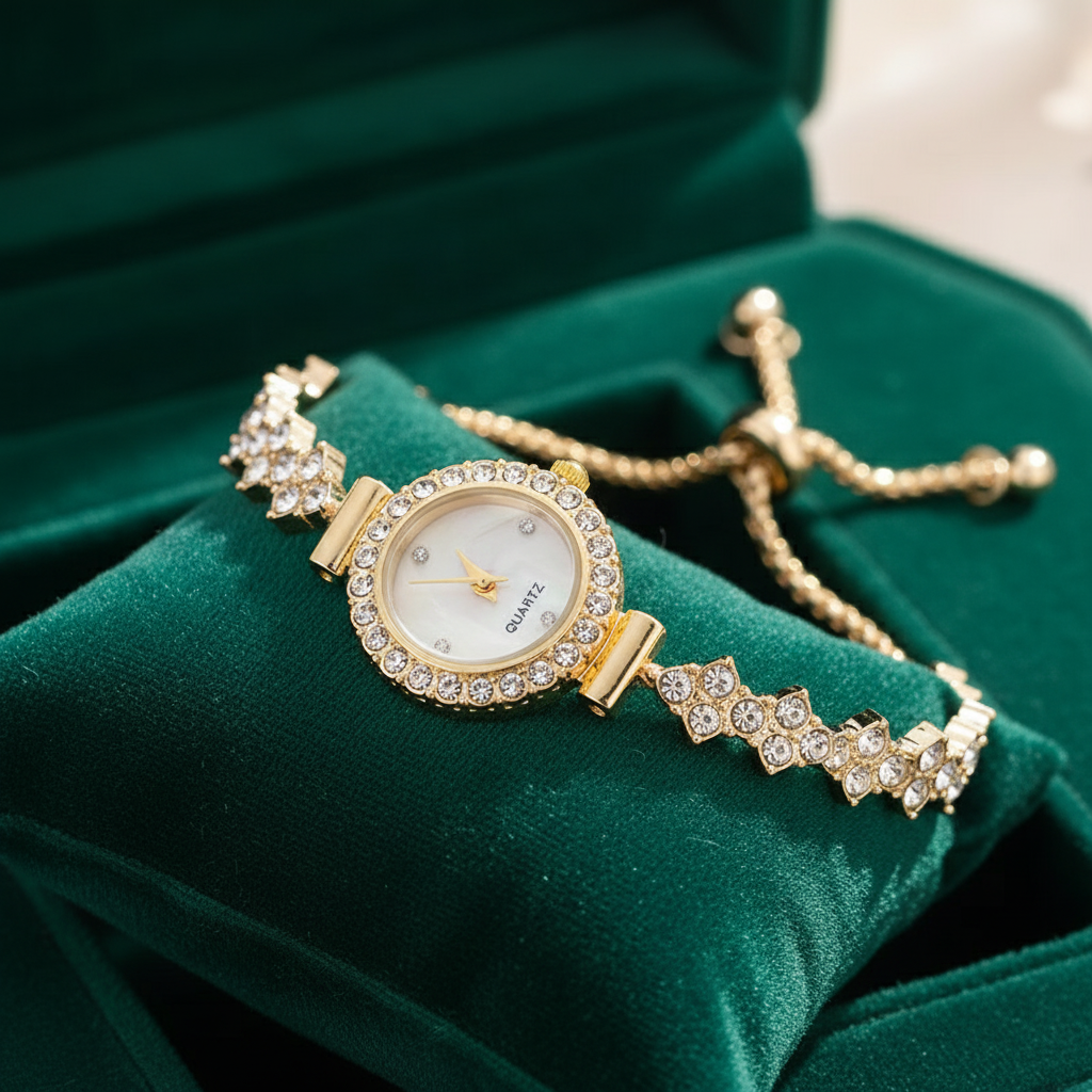 Golden Crystal Watch Bracelet on Velvet