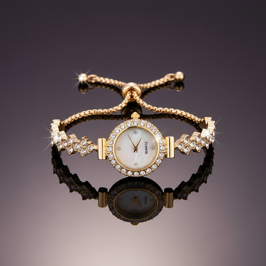 Golden Crystal Watch Bracelet with Reflection