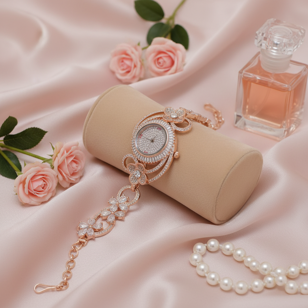 Rose Gold Crystal Watch Bracelet Editorial