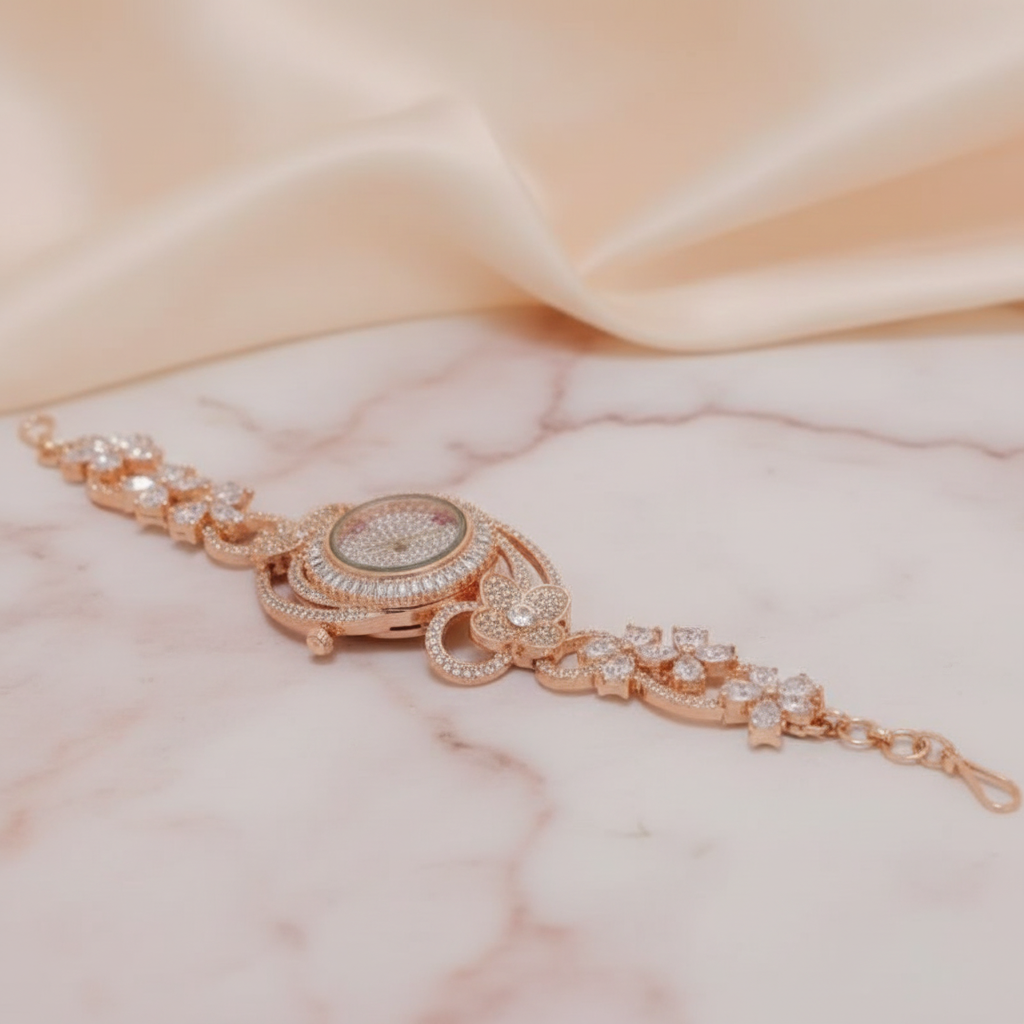 Rose Gold Crystal Watch Bracelet on Marble