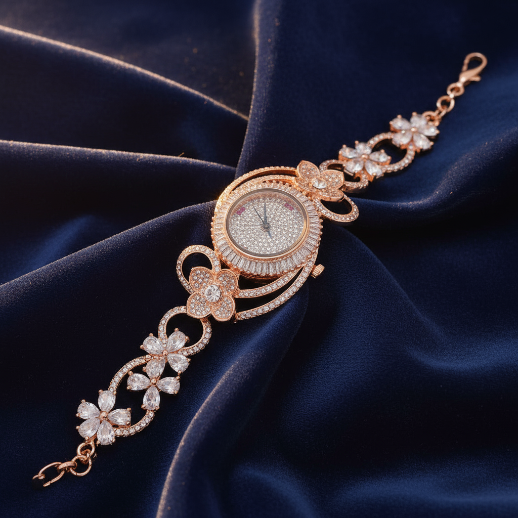 Rose Gold Crystal Watch Bracelet on Velvet