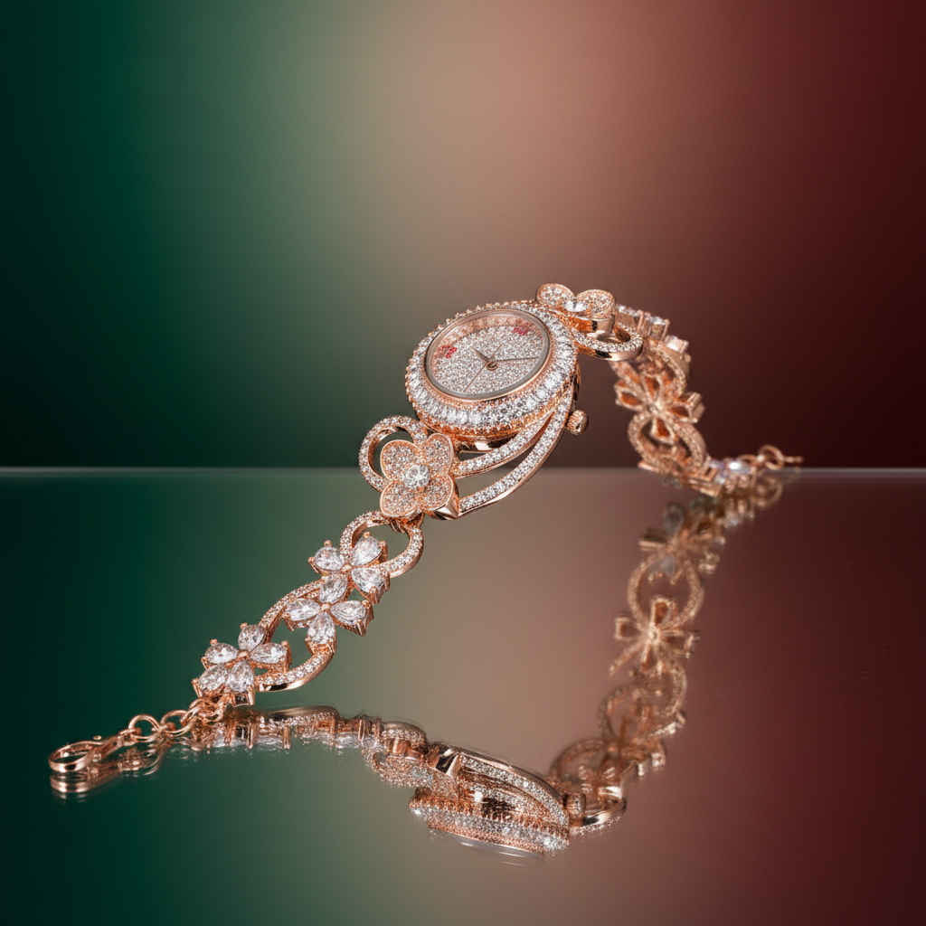 Rose Gold Crystal Watch Bracelet with Reflection