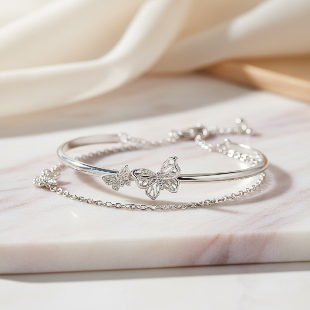 Silver Butterfly Bracelet on Marble