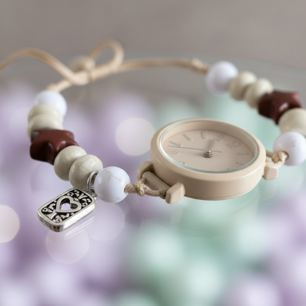 White Beaded Watch Bracelet Detail